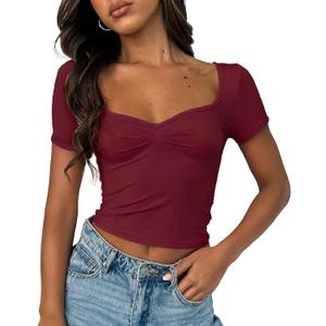 ForeFair Women's Sexy Short Sleeve Going Out Tops Pleated Bustier Shirt Cute Sweetheart Neck Y2K Crop Tee（Burgundy,XS）