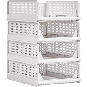 VECELO 4 Pack Plastic Closet Shelf Organizer, Stackable Sweater Storage Closet Drawers, Foldable Wardrobe Organizer, Easy Assembly, Durable and Space Saving for Closet, Bathroom, Kitchen, Gray (16.93*12.99*22.04")