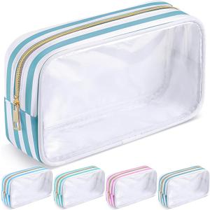 Kacctyen Clear Nylon Makeup Bag Preppy Cosmetic Bag Transparent Toiletry Pouch with Zipper Travel Skincare Toiletry Pouch Portable Cute Preppy Pencil Case for Girls Women School Stuff(Green Stripe)