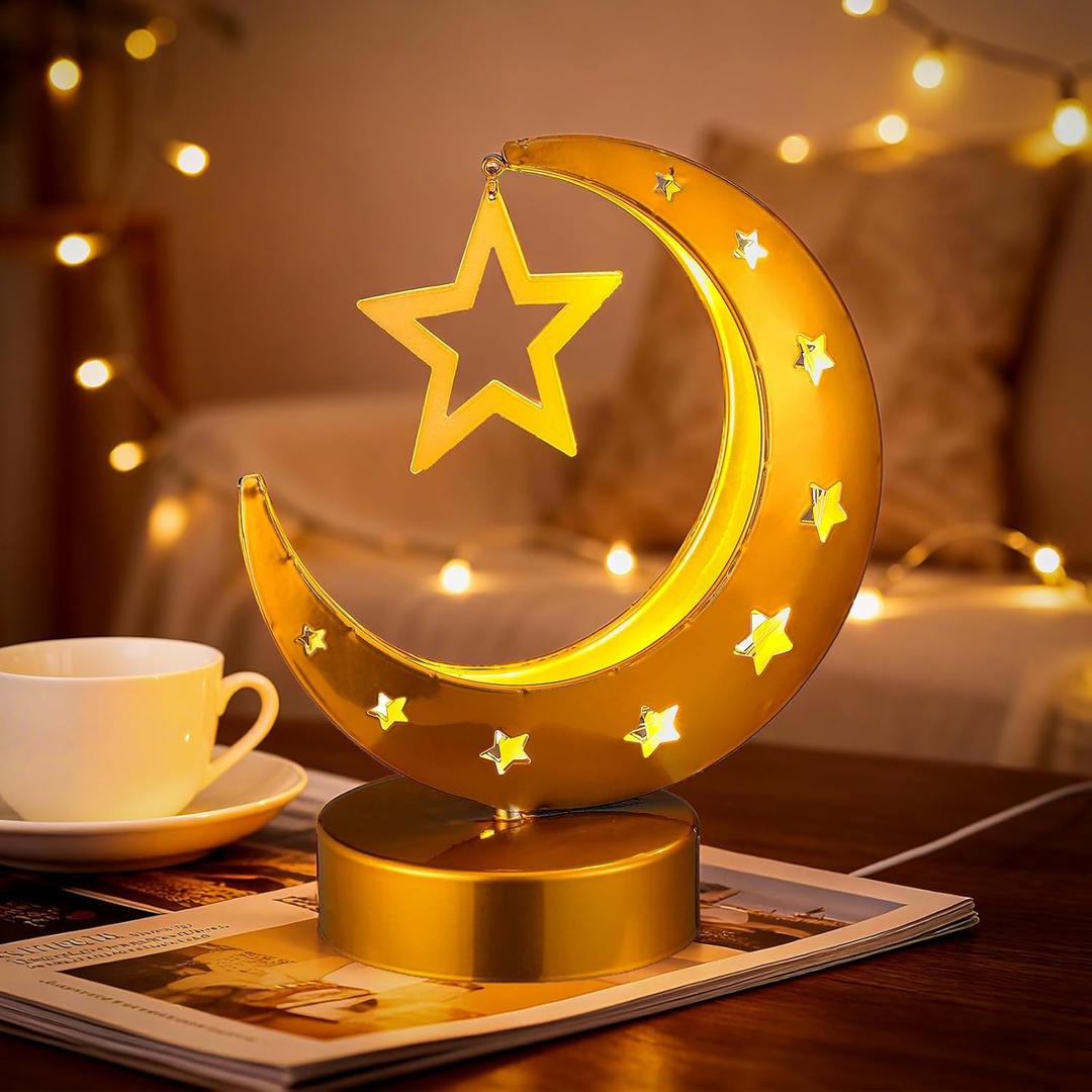 Ramadan Decorations Moon Ramadan Lights for Table Home 2026, Crescent Lunar Moon Lamp for Eid Mubarak Decor Battery Operated Eid Ul Fitr Lamp Gifts for Bedroom (Metal,Classic Style)