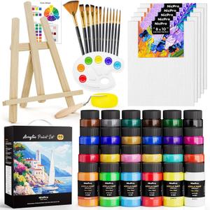 Nicpro Acrylic Paint Canvas Set for Adults, 46PCS Art Painting Supplies Kit with 24 Acrylic Paints(36ML), Table Wood Easel, 5 Canvas Panels, 12 Brushes, Paper Pad, Palette for Artist Beginner Students