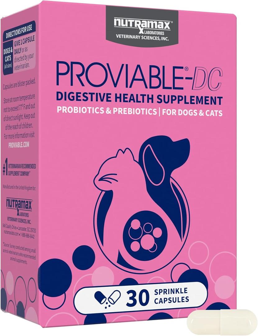 Nutramax Proviable Probiotics for Dogs and Cats, Daily Digestive Health Supplement with Multiple Strains of Bacteria, Cat and Dog Probiotics Plus Prebiotics, 30 Capsules, EXP: 11/2027
