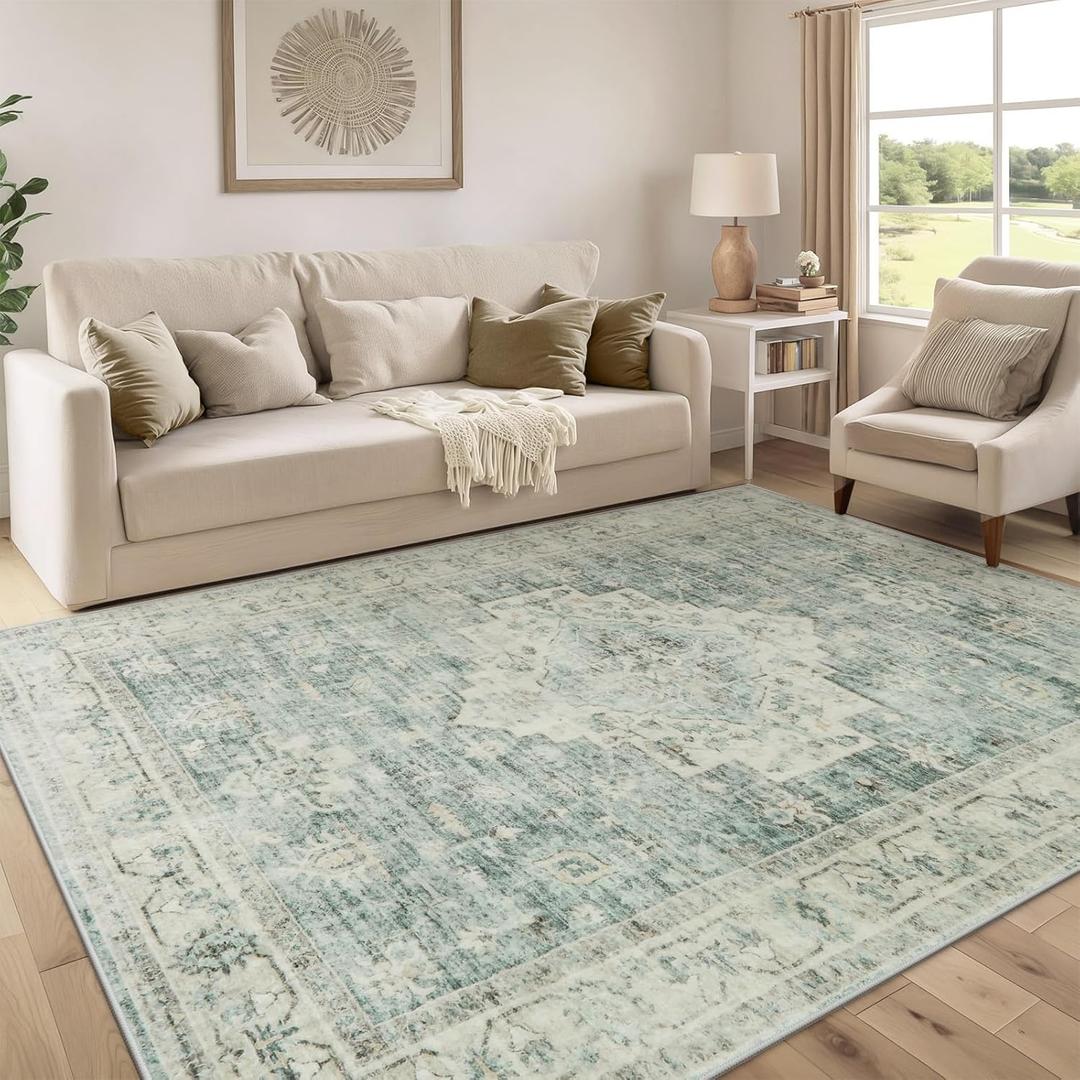 LIVEBOX Washable Area Rug 5x7 Rugs for Living Room Bedroom, Non-Slip Boho Indoor Carpet for Dining Room Office, Low-Pile Farmhouse Soft Carpets for Kids Nursery Playroom, Sage Green (5'x7')