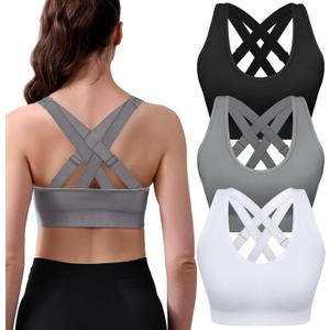Double Couple 3 Pack Sports Bras for Women Medium Support Adjustable Padded Crossback Sports Bra for Yoga Gym (Large, Black+grey+white)