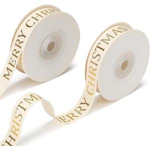 White Christmas Ribbon Bulk for Gift Wrapping 5/8" Glitter Gold Merry Christmas Cotton Ribbon Xmas Bows for Crafts Decorative Supplies DIY Holiday Xmas Tree Decorations (20 Yards)