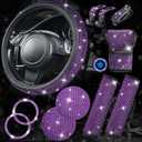 CAR PASS 11PCS Bling Purple Car Steering Wheel Cover Set for Women, Sparkly Rhinestone Diamond Bling Seat Belt Cushion, Glitter Shift Knob Cover, Car Cup Holder Coaster, Interior Sets Violet Purple  14.5"-15"