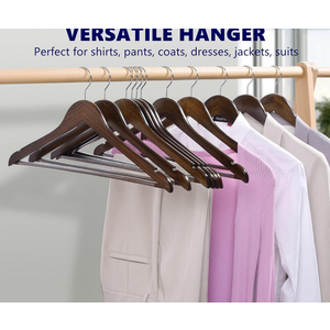 HOUSE DAY Wide Shoulder Wooden Hangers, Suit Hangers with Non Slip Pants Bar, Smooth Finish 360° Swivel Hook Solid Wood Coat Hangers for Dress, Jacket, Pants, Heavy Clothes Hangers 6 Pack (Walnut)
