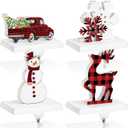 Hicarer Set of 4 Christmas Stocking Holders for Mantle Metal Wooden Stocking Hanger Farmhouse Rustic Stocking Hooks for Fireplace Mantel Decorations Holiday Party (Truck, Elk, Snowman, Snowflake)