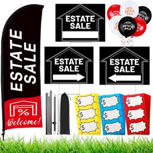 Buryeah 4 Pack Estate Sale Flag Signs Set, 1 Flag with Pole Kit, 3 Double Sided Arrows Signs with Metal H Stakes with Balloons Stickers for Real Estate Business(Black)
