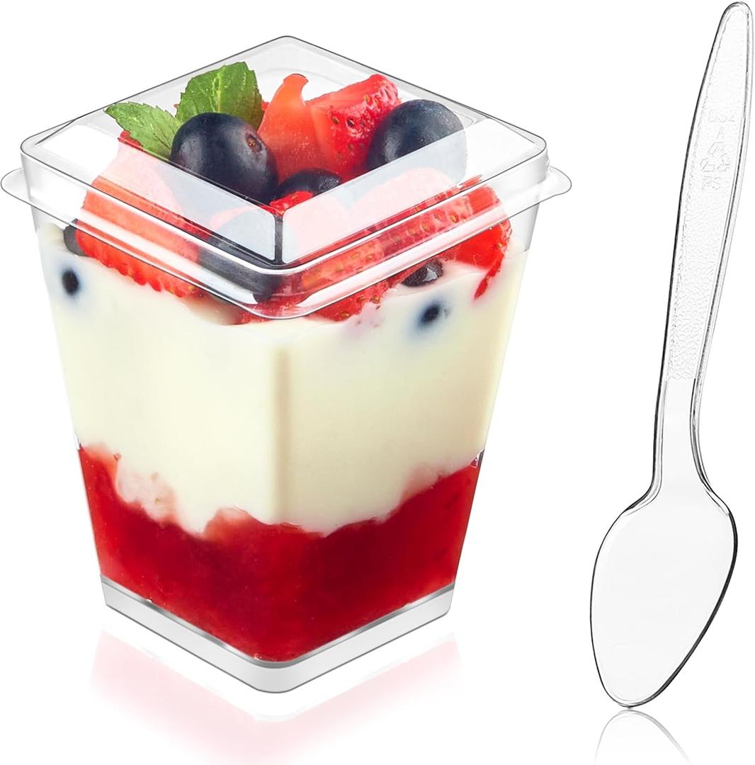 Kucoele 50 Pack 5 oz Plastic Dessert Cups with Lids and Spoons, Clear Parfait Cups Pudding Cups Mini Party Serving Cups for Appetizer Fruit Yogurt Ice Cream