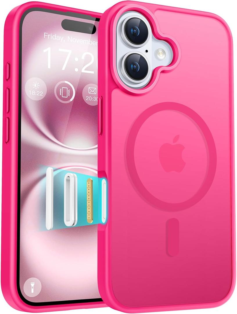 for iPhone 16 Phone Case, Compatible with Magnetic, Military Grade Drop Protection Translucent Matte Shockproof Anti-Scratch/Anti-Fingerprint Case for iPhone 16 (neon Pink)