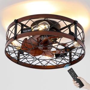 Flush Mount Caged Ceiling Fans with Lights, 20" Enclosed Low Profile Ceiling Fan with Light and Remote, Farmhouse Ceiling Fan 6 Speed Reversible Quiet Small Bladeless Ceiling Fans for Bedroom Kitchen (Walnut)