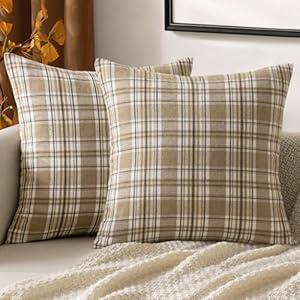 MIULEE Set of 2 Scottish Tartan Plaid Throw Pillow Covers Farmhouse Classic Decorative Square Cushion Cases for Decor Sofa Couch 20x20 Inch, Khaki and White