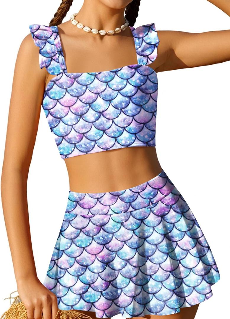 Arshiner Girls Swimsuit 3 Piece Bathing Suits Cute Bikini Tankini Sets Teen Ruffle Swimwear with Cover Up Skirt (Mermaid Blue, 9-10 Years)