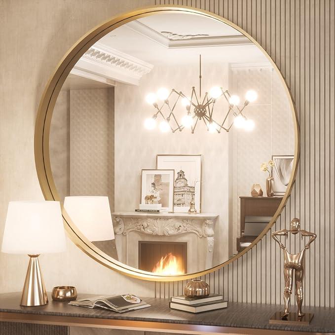 TokeShimi Round Gold Mirror 36 Inch Round Bathroom Mirror for Wall with Non-Rusting Aluminum Alloy Brushed Gold Matte Metal Frame Modern Circle Mirror Fit in Minimalist Multi Style Home Decor
