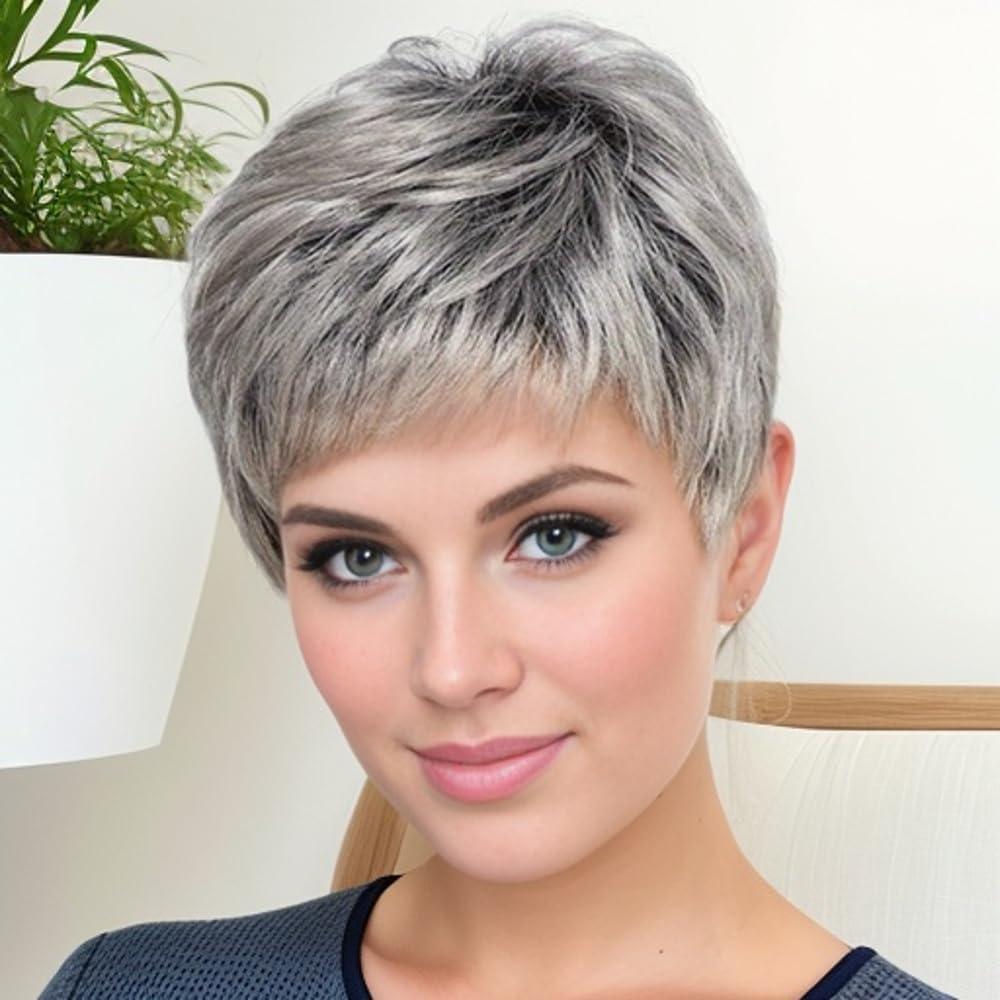 Short Grey Wigs for White Women Natural Straight Silver White Layered Hair for Older Women Pixie Cut Wigs Synthetic Short Ombre Gray Wig with Bangs Daily Party Wig for Mommy (Grey)