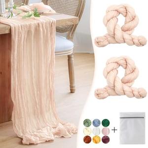 Waligoy Blush Pink Cheesecloth Table Runner 2 Pack 35" Boho Gauze Table Runner 120 inches Long Runner Rustic Sheer Fabric Bulk for Baby Shower Wedding Bridal Birthday Party Table Decorations