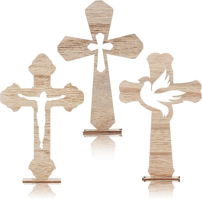 yadiana 24 Pcs Easter Wooden Crosses for Crafts, Baptism Wood Centerpieces for Tables, Small Rustic Standing Wooden Cross with Bases, Catholic First Communion Decorations, 6.7 X 4.3 Inches（Brown）
