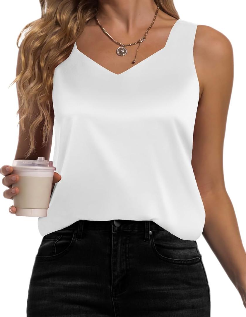 Women's Silk Satin Tank Tops V Neck Camisole Casual Cami Sleeveless Shirt Blouses Silky Basic Tanks (Medium, White)