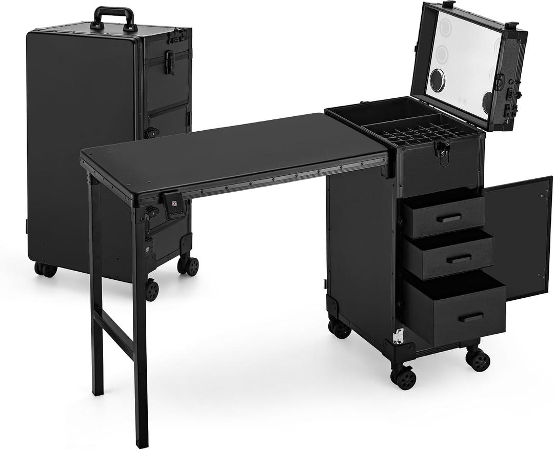 Portable Manicure Table 3 Drawers, Rolling Lockable Makeup Train Case with Blueteeth Speaker and Nail Polish Organizer, Foldable Nail Desk with Mirror & TSA Lock for Nail Tech and Salon Use, 15.3 x 10.8 x 30.8 inches