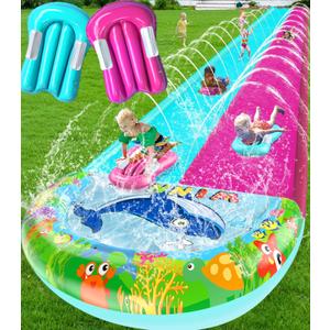 33FT Slip Lawn Water Slide for Kids Adults, Extra-Long Double Lanes Heavy Duty Slides & Side Fences, Giant Water Slide with Splash Pool, 2 Inflatable Bodyboards, Slip Backyard Summer Water Play Toy