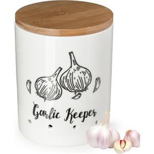 LYEOBOH Garlic Keeper, Garlic Storage, Garlic Holder, Large Ceramic Garlic Keeper with Wooden Lid, Garlic Jar, Garlic Storage Container, White