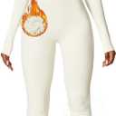 AEEZO Womens Long Sleeve Workout Jumpsuit Zip Up Yoga Rompers Sexy Tummy Control One Piece Bodycon Bottom Pants (Medium, #3 Thermal Beige)