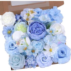 Artificial Flowers Combo, Faux Silk Dahlia Roses Bulk, Fake Bouquet with Stems Box Set for Wedding Arrangements Bridal Floral Baby (Light Blue, The Modern Classic)