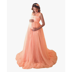 Women Off Shoulder Long Sleeve Maternity Dress Tulle Elegant Slim Fit Gown Baby Shower Photography Maxi Dress for Photo Shoot Size L