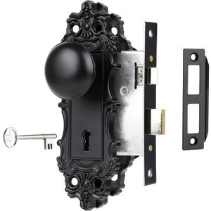 Mortise Lock Set for Interior Door, Matte Black Door Knob with Lock and Skeleton Key, Antique Old Style Door Knob Lock Replacement, Vintage Mortise Door Knobs for Interior Doors