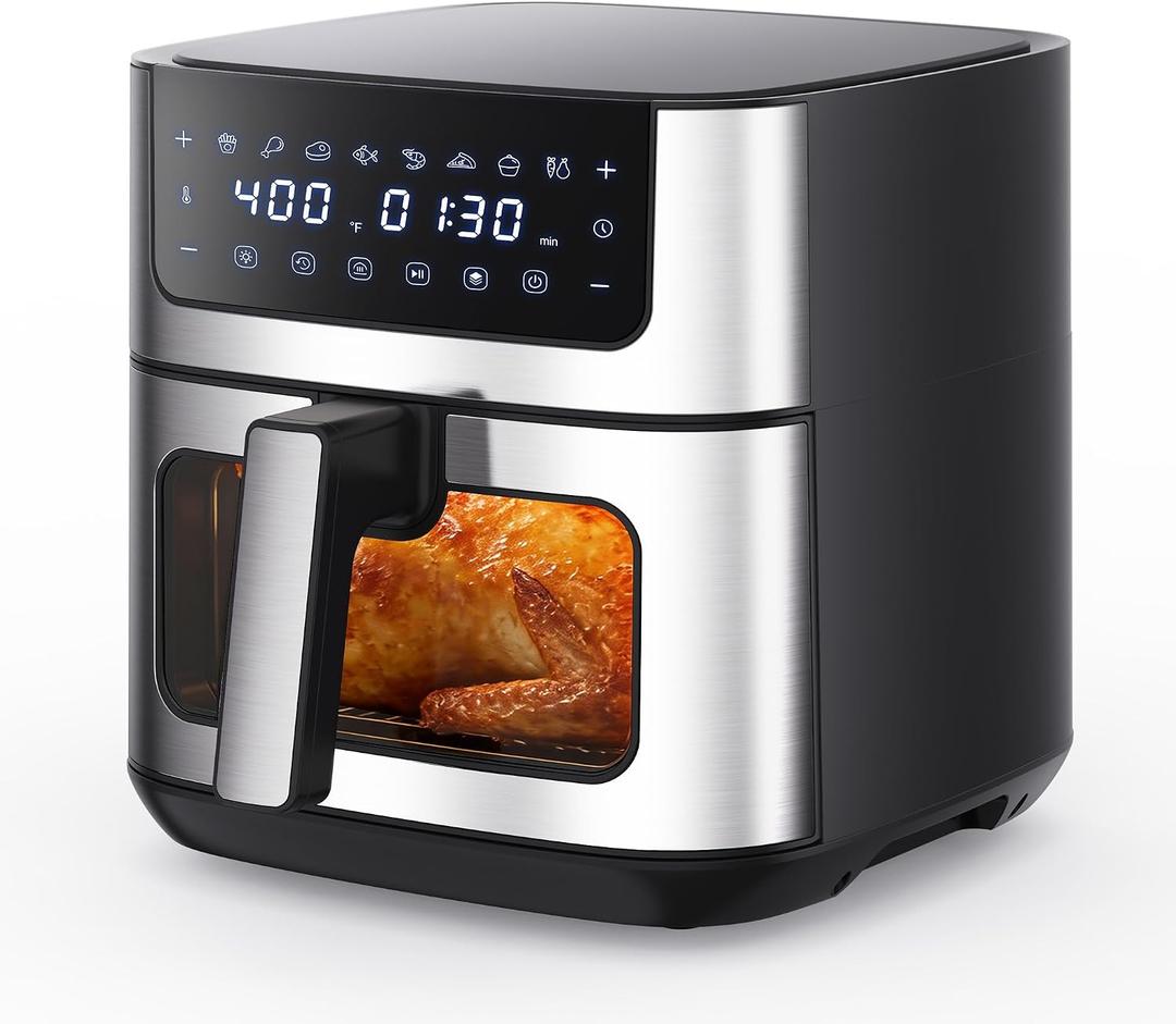 NEWBULIG Air Fryer 6.34QT Airfryer with Visible Window 400℉ Fast Heating Stainless Steel Air Fryers Oven with Nonstick and Dishwasher-Safe Basket 8-in-1 Cooking Preset with Timer Auto-Off, 6.34 Quarts