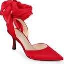 Womens Lace up Satin Heels Bow Pointed Closed Toe Bridal Dress Shoes Low Heel Wedding Elegant Pumps (9)