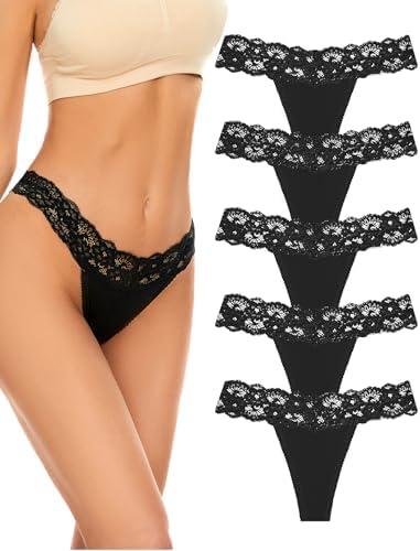 voenxe Seamless Thong for Women,No Show Lace Underwear,Ladies Breathable Comfort Panties Soft Laser Cut Undies,Tanga,5-Pack, S