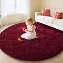 EVOIONOS Burgundy Round Rug for Bedroom, 5x5 Ft Fluffy Soft Circle Area Rugs for Living Room, Plush Shaggy Circular Carpet for Indoor Floor Bedside Kids Nursery, Machine-Washable Home Decor Aesthetic