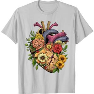 Anatomical Heart Shirt Floral Organ Cardiology Cardiac Nurse T-Shirt, M