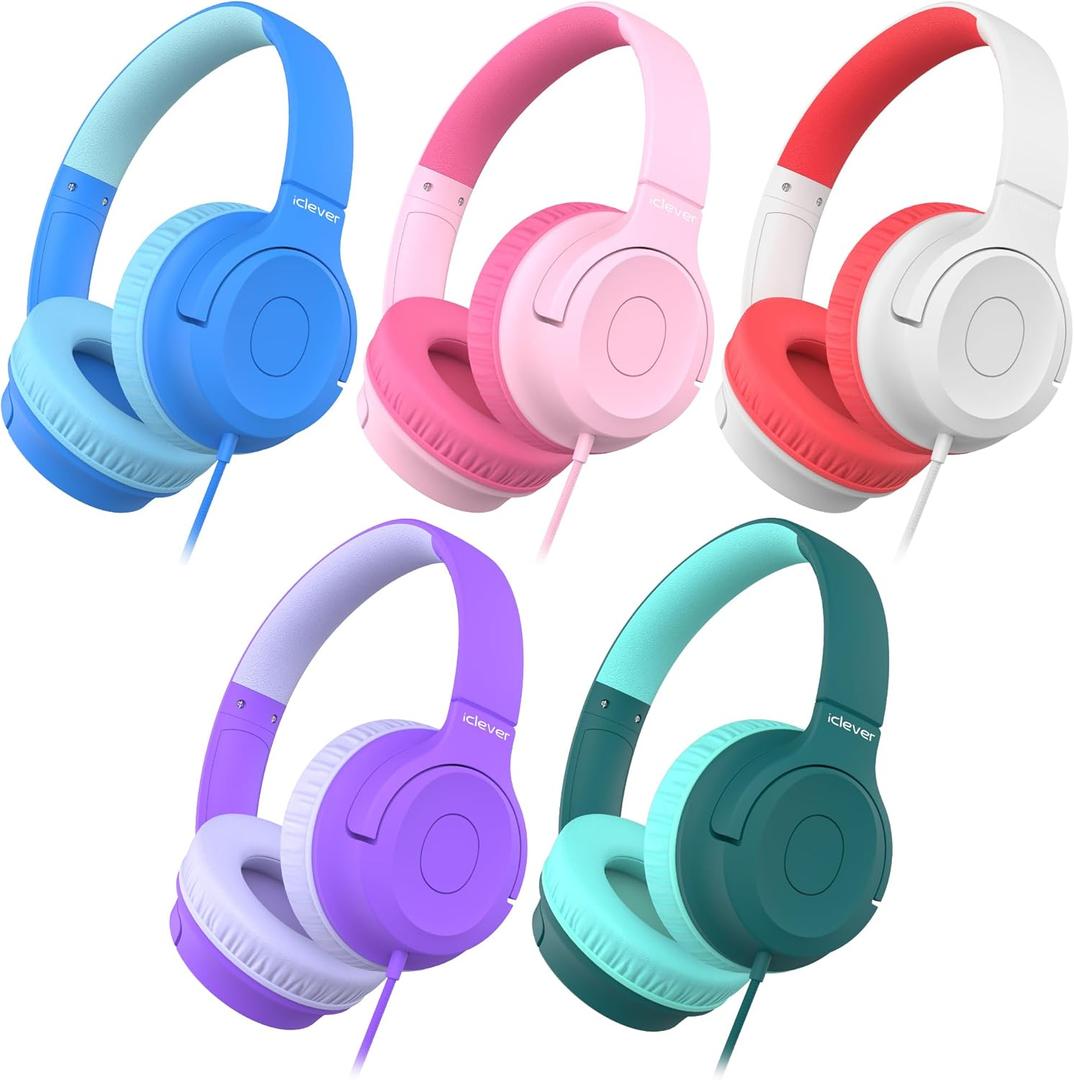 iClever Kids Headphones for School K-12, 85dBA Safe Volume, Tangle Free, 3.5mm Jack, HD Stereo, Swivel Foldable Kids Headphones with Cord for Classroom/Student/Tablets/Laptop, Bulk 5Pack (Colorful) iClever Kids Headphones for School K-12, 85dBA Safe Volume, Tangle Free, 3.5mm Jack, HD Stereo, Swivel Foldable Kids Headphones with Cord for Classroom/Student/Tablets/Laptop, Bulk 5Pack (Colorful)