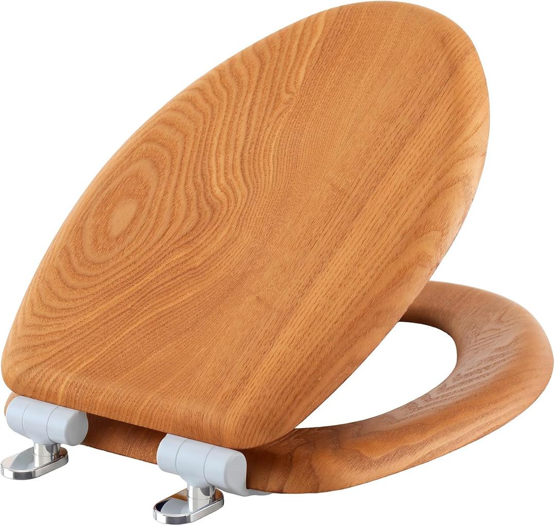 Wood Toilet Seat in Oak, Elongated, Soft Close, Magnetic Quick-Release for Easy Cleaning, Arch-Tite Never Loosens, Adjustable Fit