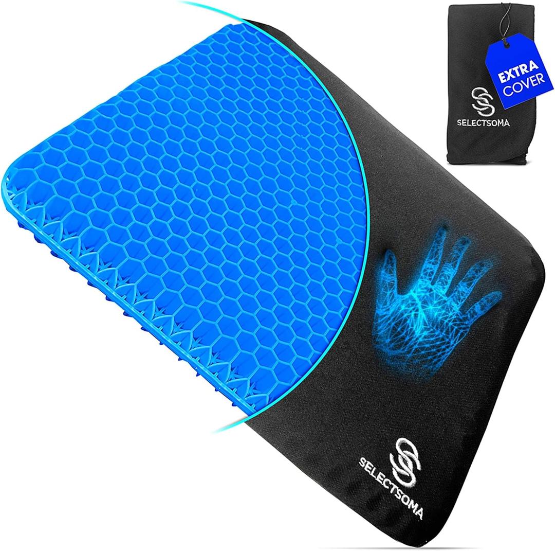SelectSoma Double-Thick Gel Seat Cushion for Long Sitting Pressure Relief for Back, Sciatica, Coccyx, Tailbone Pain - Cushion for Office Chair, Wheelchair, Car & Truck, Patio Chairs - Egg Seat Pad (Standard Size Blue Gel)