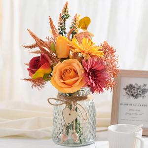 Artificial Flowers with Vase, Faux Silk Flowers Arrangement in Vase, Rustic Home Office Decorations, Farmhouse Dining Table Decor, Coffee Table Centerpiece, Fall Table Plant Decor (Autumn Red Yellow)