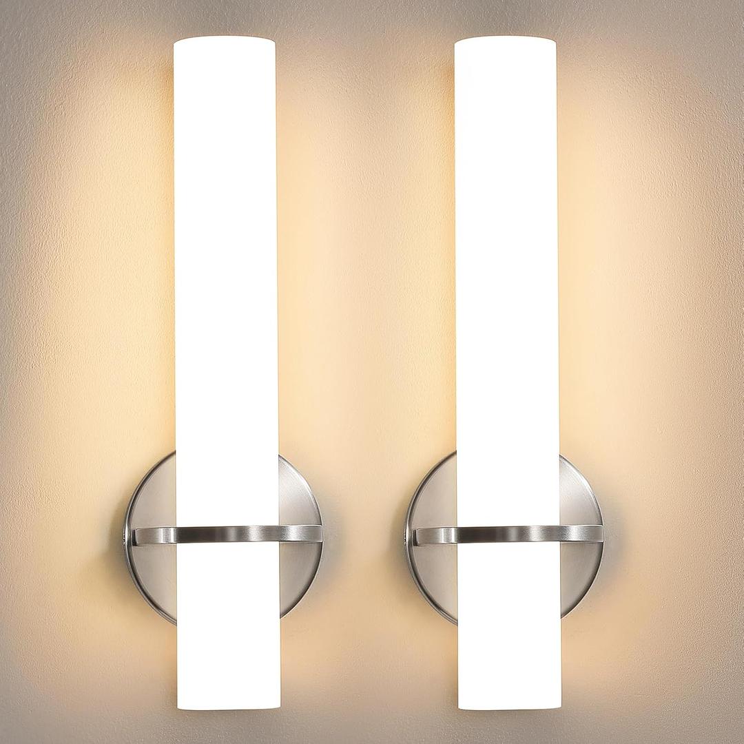 Brushed Nickel Wall Sconces Set of Two - 15 inch Modern Bathroom Sconce 15W 3000K Dimmable LED Sconces Wall Lighting, Indoor Wall Sconce Light for Living Room Corridor Mirror Bedroom Stairs