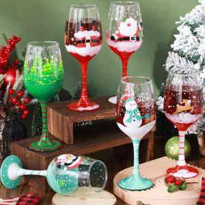 Boao Set of 4 Christmas Wine Glasses 14.9oz Festive Santa Snowman Christmas Tree Drinking Goblets Cups Painted Xmas Gift Winter Wine Glassware for Party Wedding Holiday(Red,Blue)