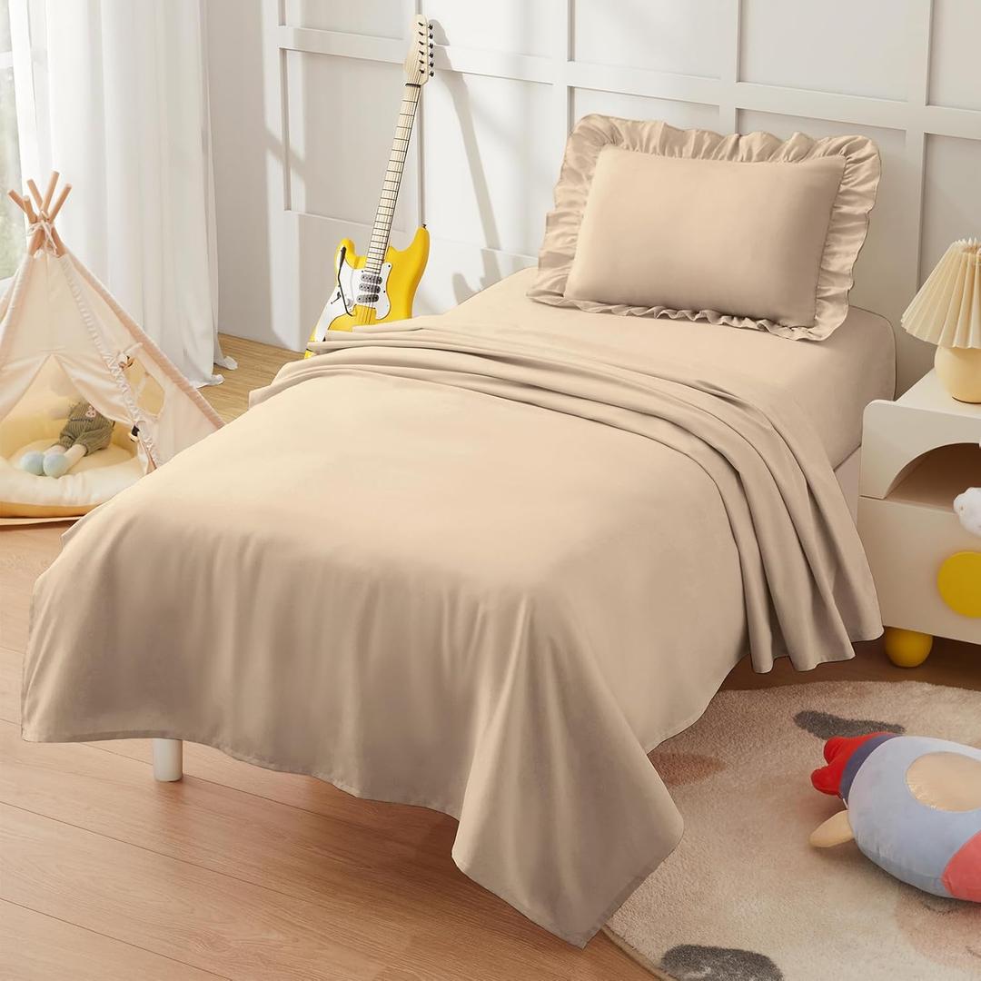 KKJIAF 3 Piece Toddler Sheet Set Microfiber, Includes a Flat Sheet, a Fitted Sheet and a Ruffle Pillowcase, Khaki