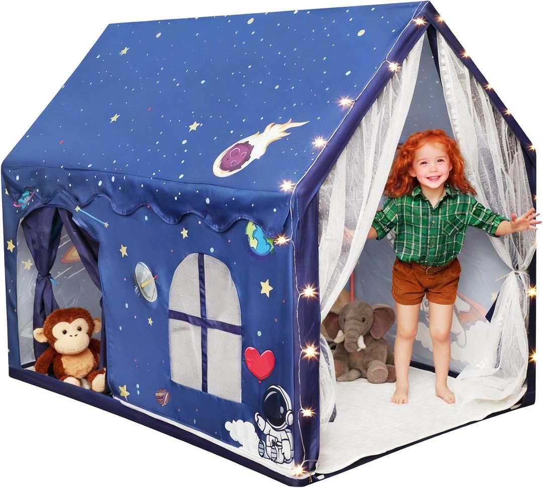 Kids Space Tent Indoor Playhouse-with Star Light, Padded Mat, Extra Large Bedroom Play Tent, Double Curtain, Two Door Access for Toddler Boys, Astronaut Spaceship Kids Tent Toys