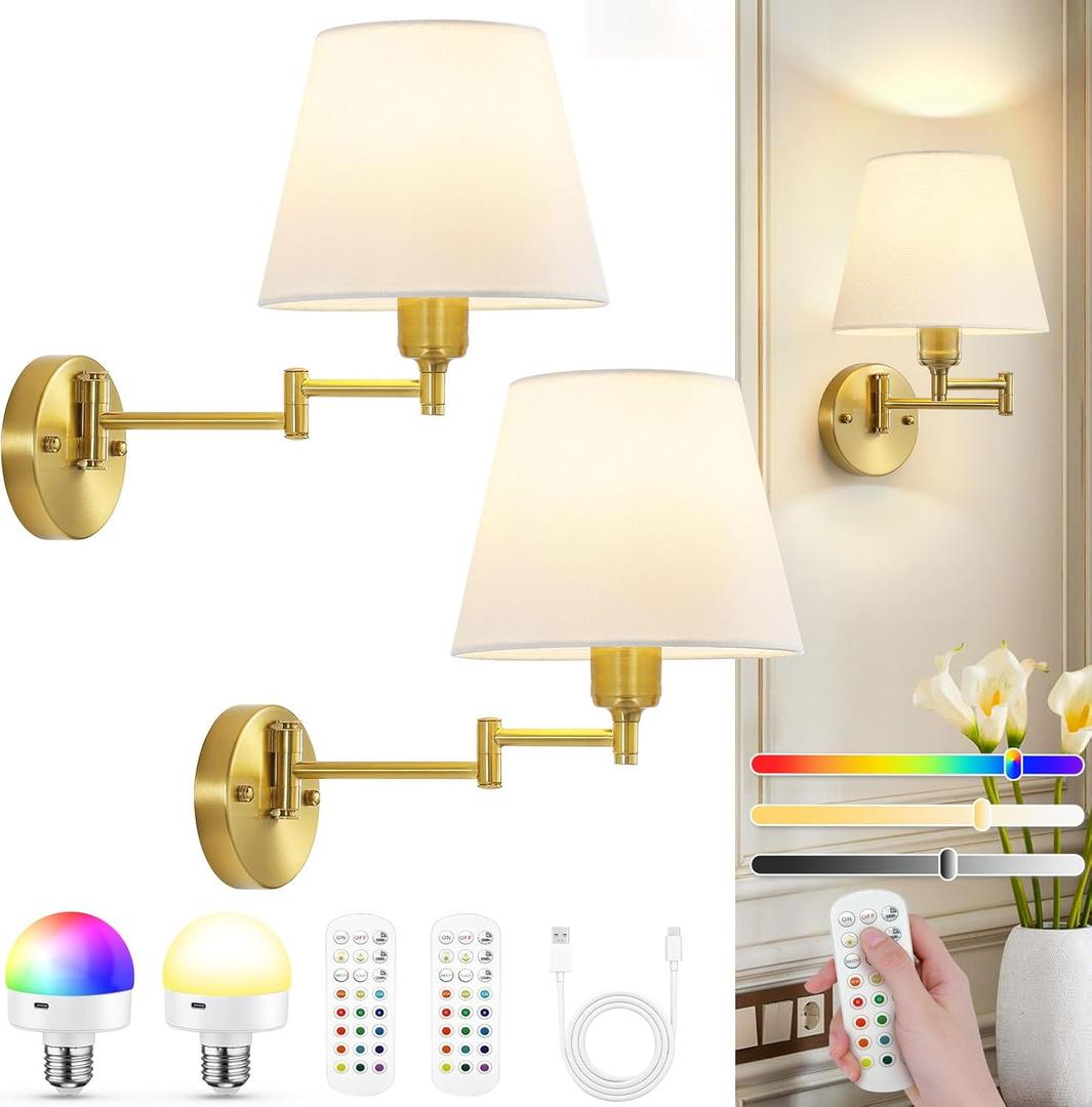 Battery Operated Wall Sconce, Wireless Rechargeable Wall Lights, Swing Arm Wall Lamps with Remotes Dimmable 15 Colors Detachable Bulbs, Gold Sconces Wall Decor Set of 2 for Bedroom Living Room