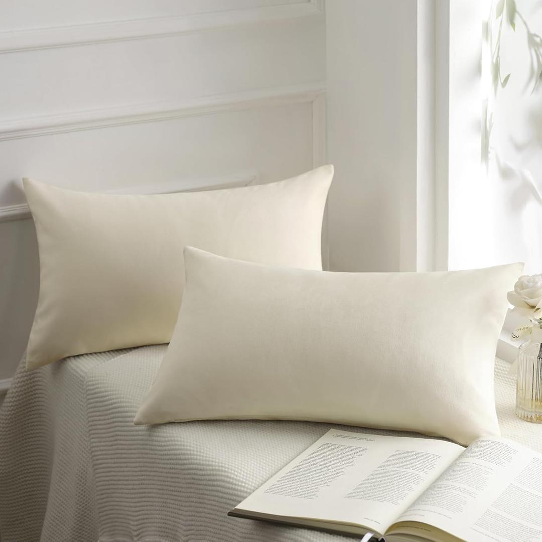 Phantoscope Pack of 2 Velvet Decorative Throw Decorative Pillow Cover Soft Solid Square Cushion Case for Couch Off White 12 x 20 inches 30 x 50 cm