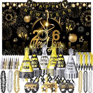 Gueevin 212 Pcs New Year's Eve Party Supplies Kit 2026 for 60 Guests, Including Happy New Year Banner & Backdrop, 30 Blowouts, 30 Squawkers, 30 Horns, 30 Hats, 30 Glasses, 30 Necklaces, 30 Leis