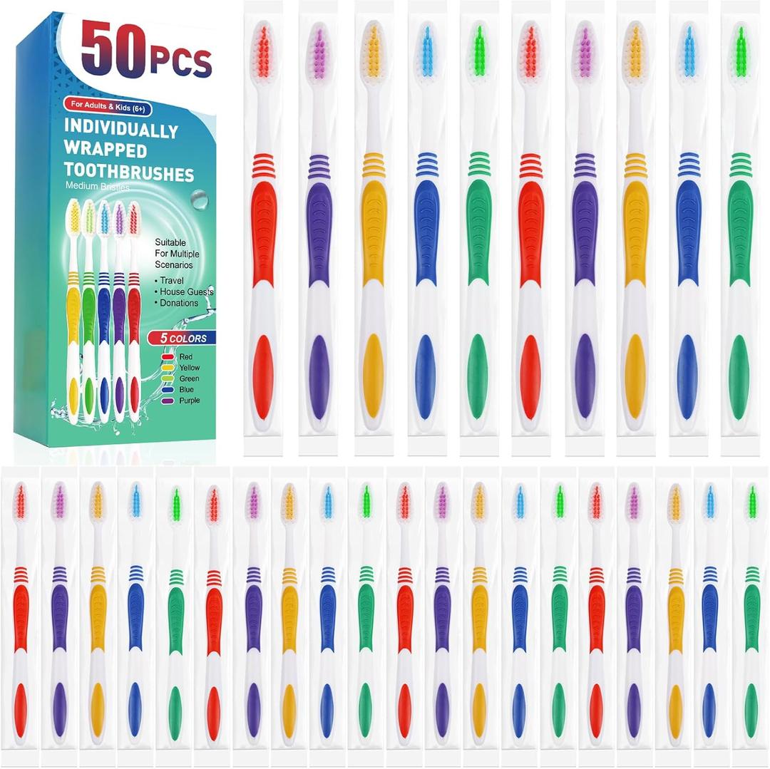 Navona 50 PCS Premium Individually Wrapped Bulk Toothbrush Pack, Disposable Toothbrushes, Kids Toothbrush, Medium Soft Bristle Toothbrushes, Ergonomics Handle, Perfect for Travel Hotel Donation