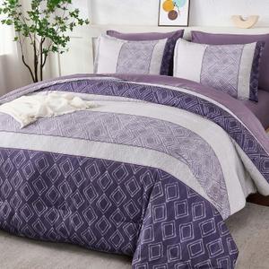 Dinjoy Purple King Size Comforter Set,Striped Boho Bed in a Bag King 7 Pieces Soft Microfiber Warm Fall Bedding Comforters Sets Modern Complete Bed Set for Women All Season