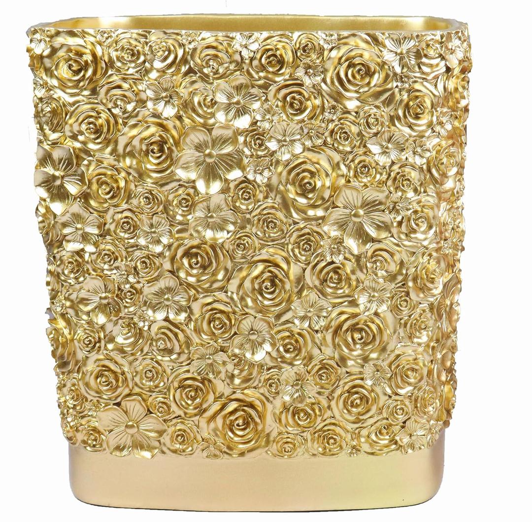 Hymmah Bathroom Trash Can 1.8 Gallon(7 Liter) Small Kitchen Garbage Can,Decor Wastebasket for Bedroom Office,Resin Hand-Carved Rose Flower Gold