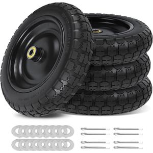 13 Inch Flat Free Wheels Tires 4.00-6 Solid Replacement with Universal 5/8" Axle Bore Hole, 16 Spacers and 8 Pins, for Wheelbarrow, Garden Wagon, Hand Truck, Trolley, Lawn Mower, 4 Pack (13" - 4P)